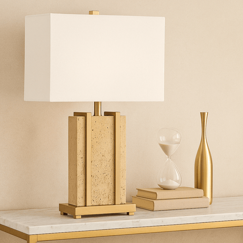 Stark Cream Travertine Table Lamp in Antique Brass-64.5cm H