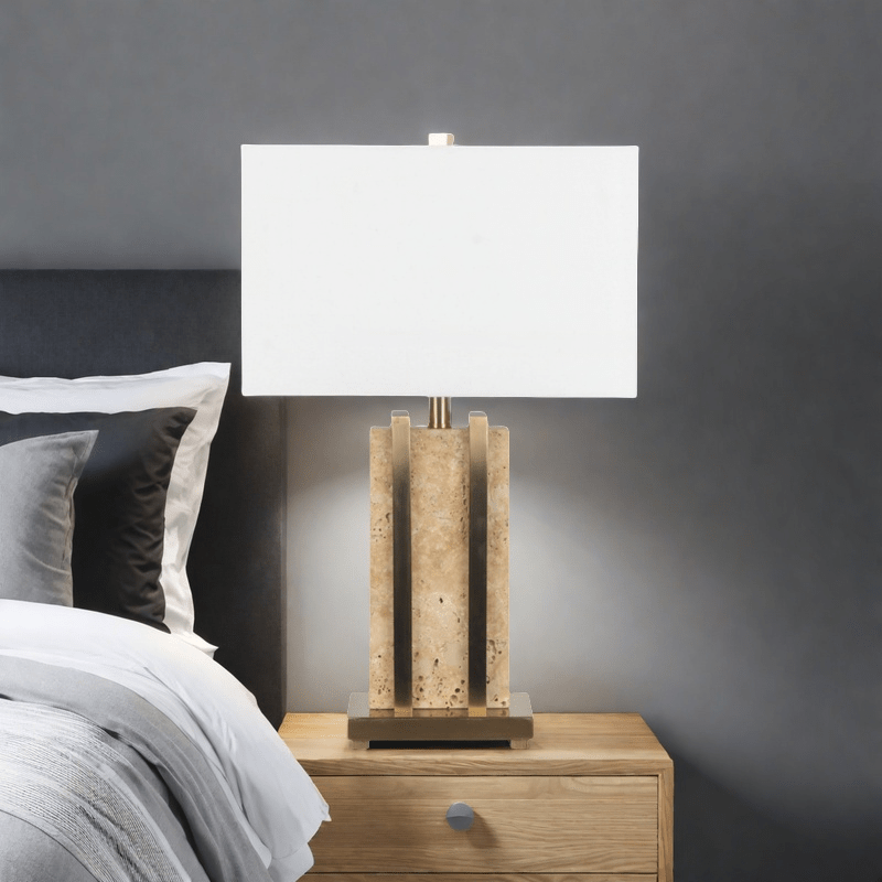 Stark Cream Travertine Table Lamp in Antique Brass-64.5cm H
